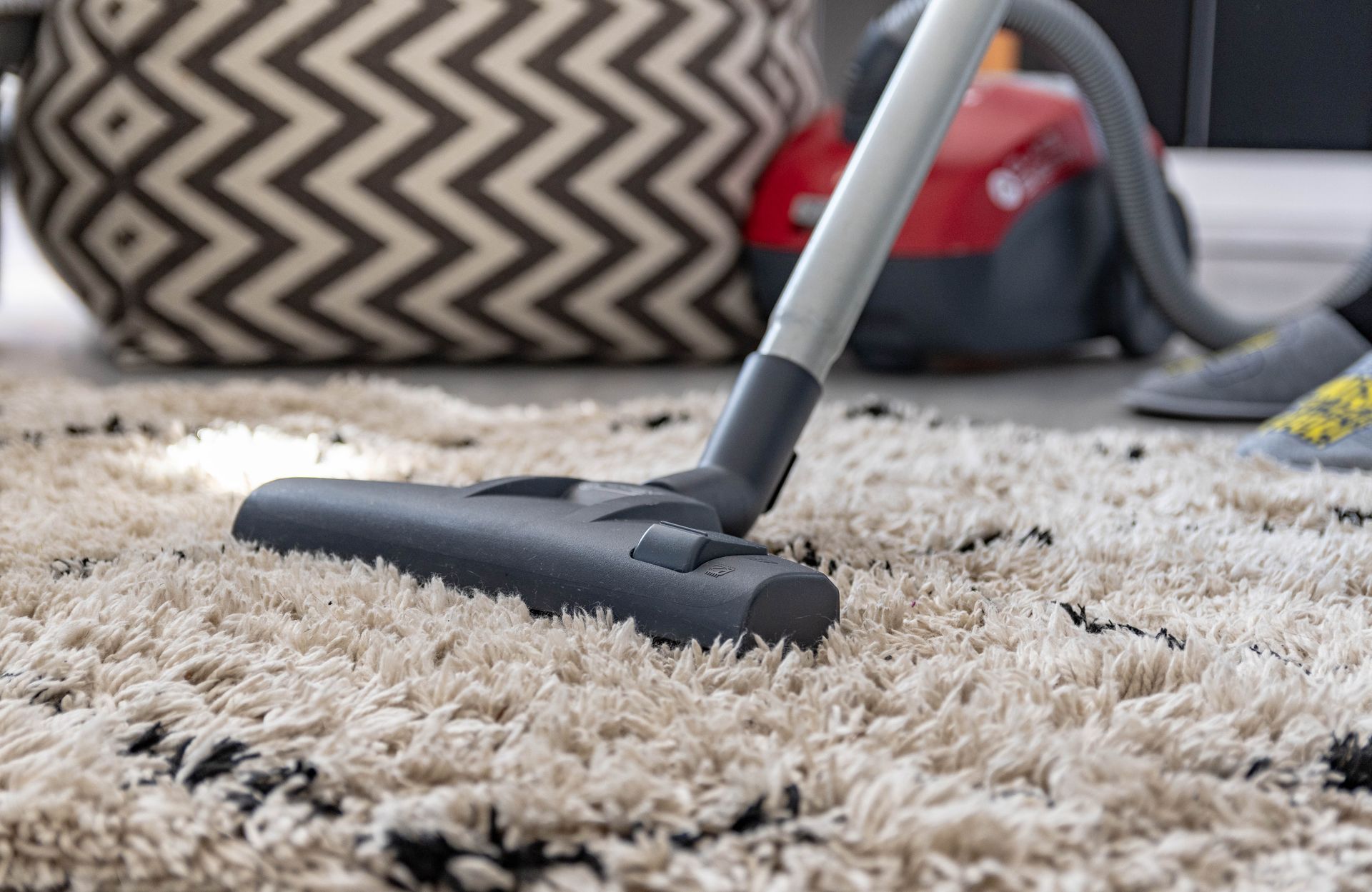 Vacuum cleaner cleaning a shaggy rug, beige and black, indoors.