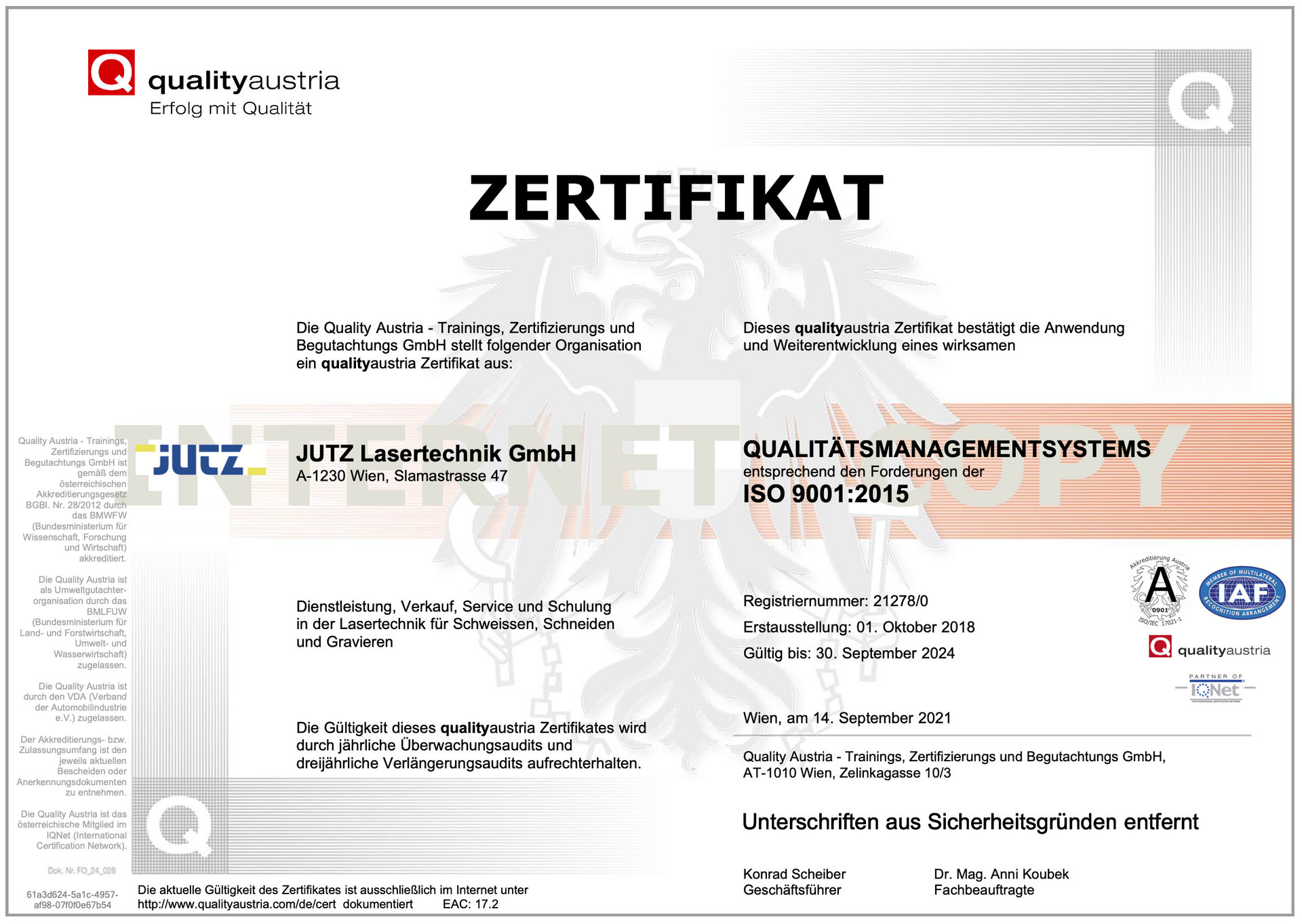 Jutz Lasertechnik, Zertifikat