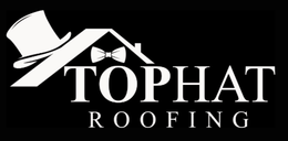 White logo on black: top hat roof with bowtie above 