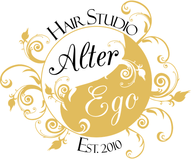 Hair studio logo with gold accents and the words