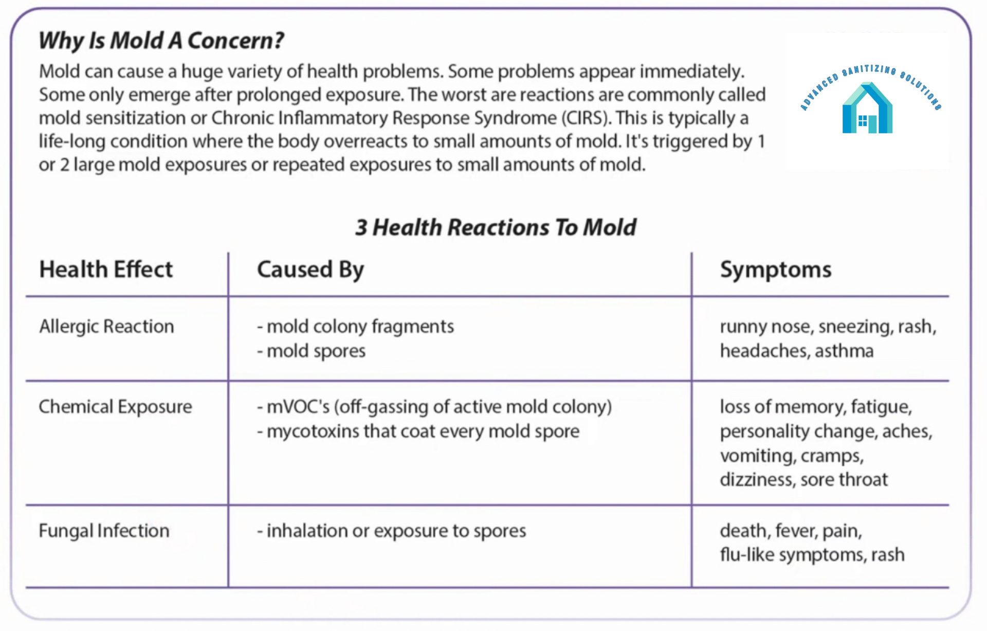 Chart explaining health effects of mold, with categories: allergic, chemical, and fungal infections.