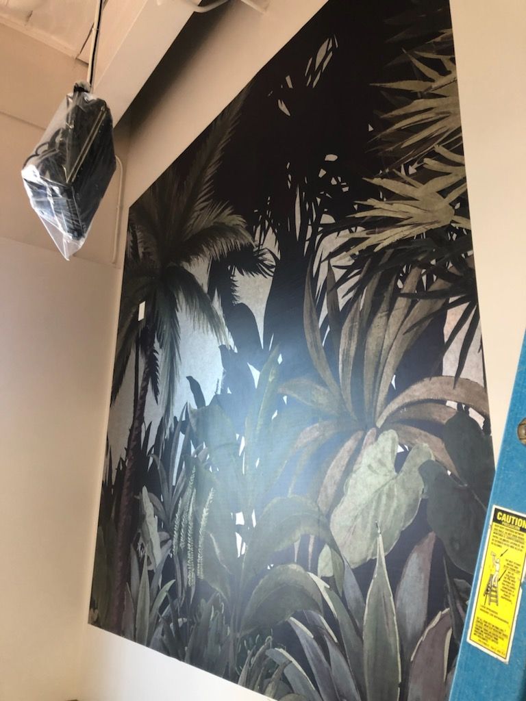 A picture of a jungle is hanging on a wall next to a ladder.