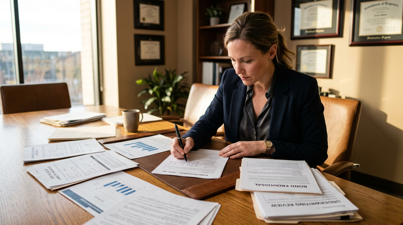Business professional reviewing bond documents at a conference table