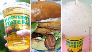 Minnesota State Fair food: Cider in a cup, a sandwich with bacon, cotton candy.
