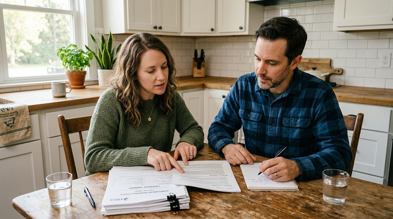Couple reviewing insurance documents at a kitchen table with morning light