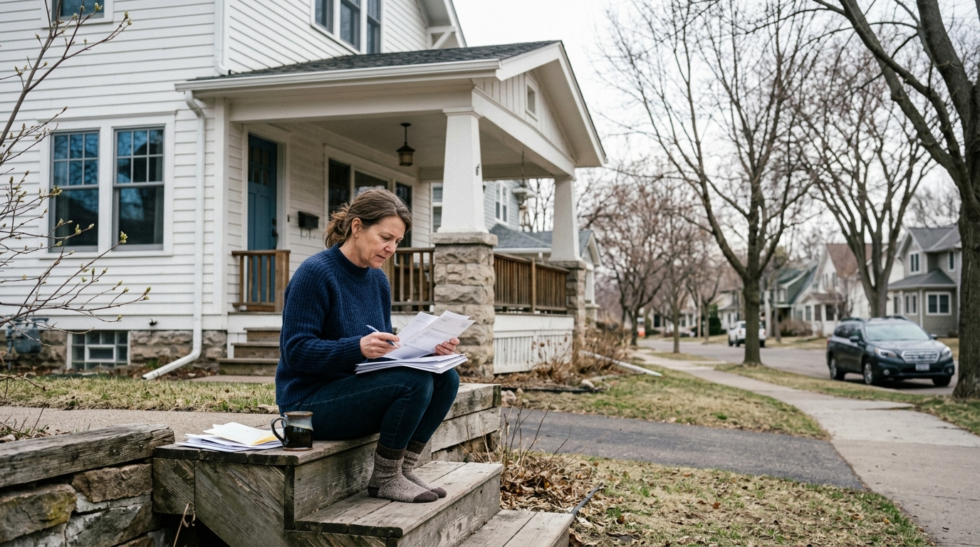 White craftsman home on a quiet Minnesota street in early spring with bare trees