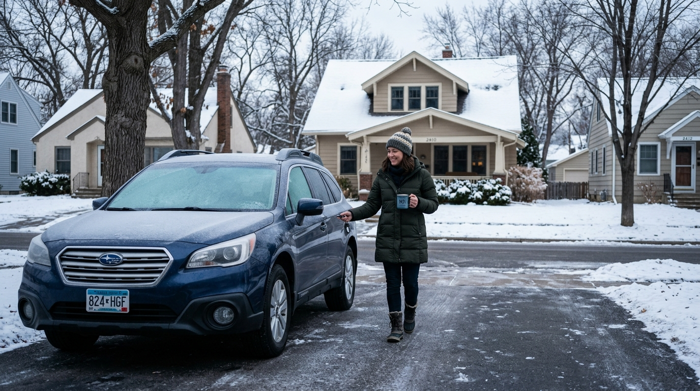 Sedan in a frosty Minnesota driveway on a quiet winter morning