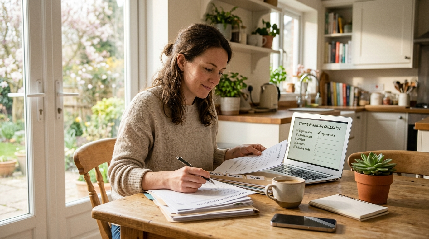 Person organizing documents and laptop at a bright kitchen table on a spring morning