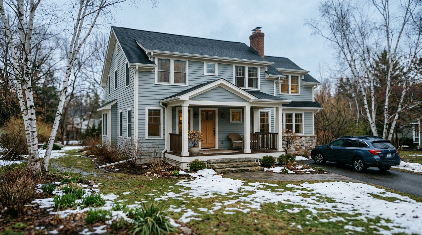 Two-story Minnesota home with a covered porch in early spring with melting snow on the lawn