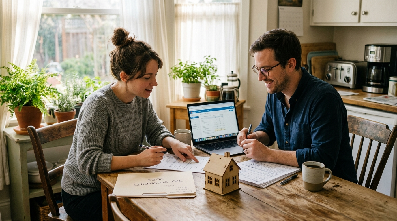 Couple reviewing tax documents and paperwork at a kitchen table with a laptop