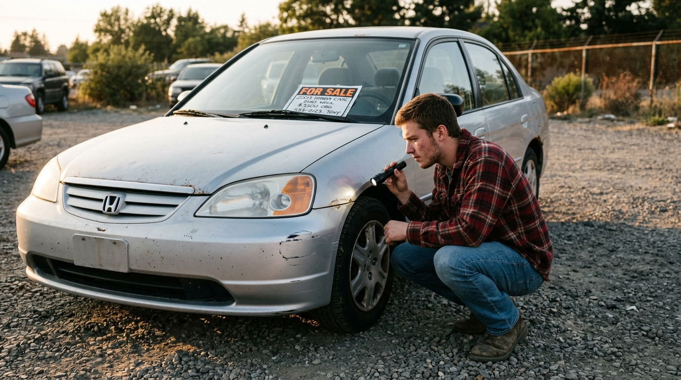Man inspecting body damage on a silver sedan in a gravel lot at golden hour