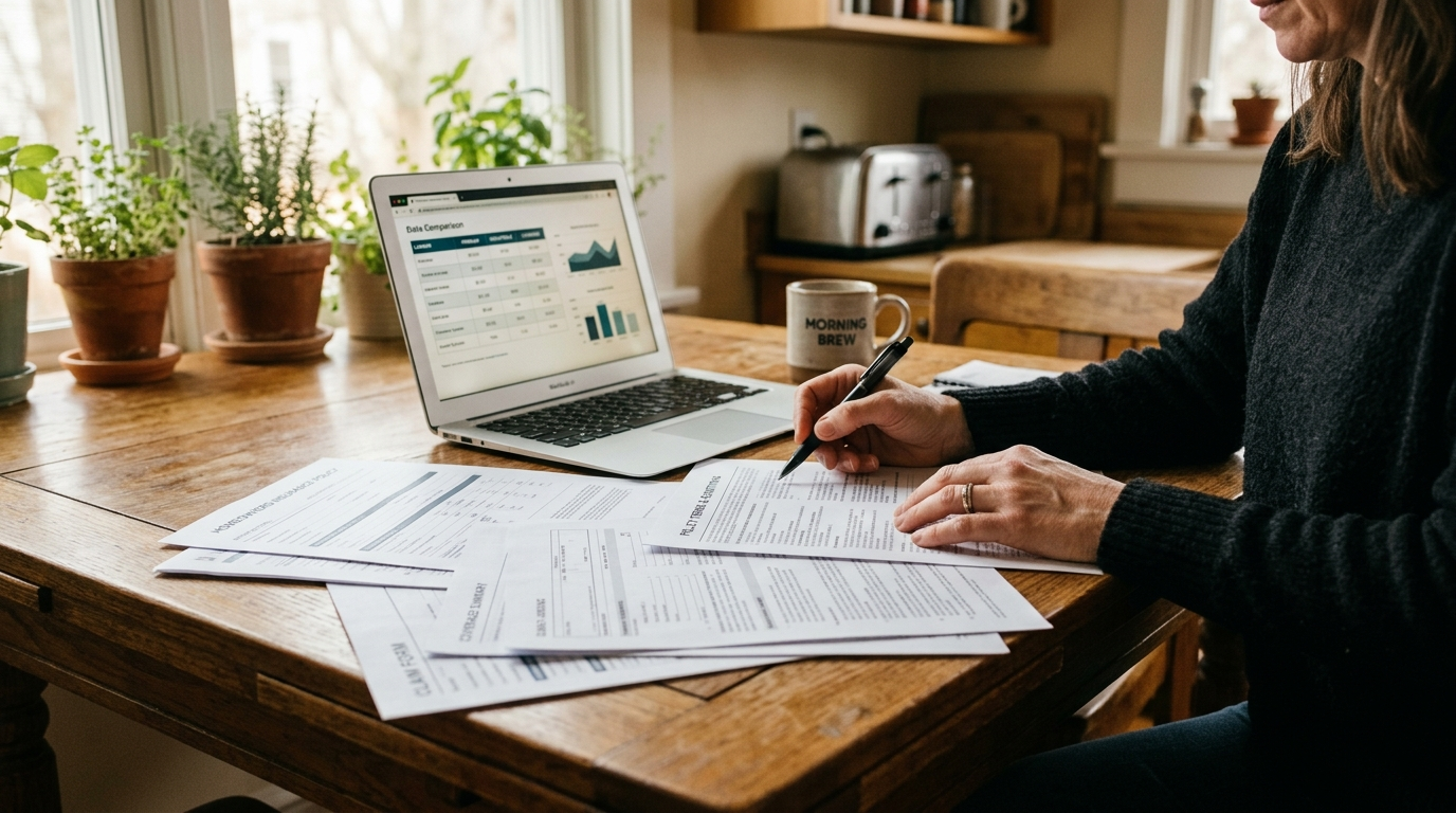 Insurance documents and pen on a wooden table beside an open laptop