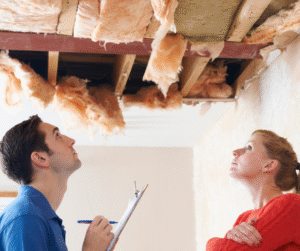 Man and woman inspecting damaged ceiling with exposed insulation.