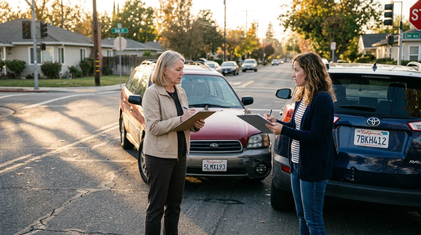 Two drivers exchanging insurance paperwork beside their cars at a suburban intersection