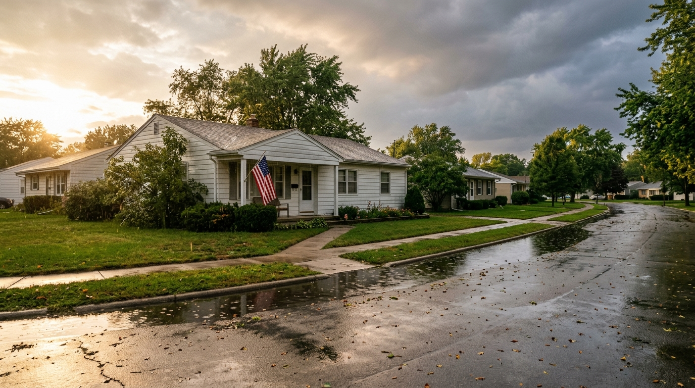 Residential street with standing water pooling near curb after a heavy rainstorm