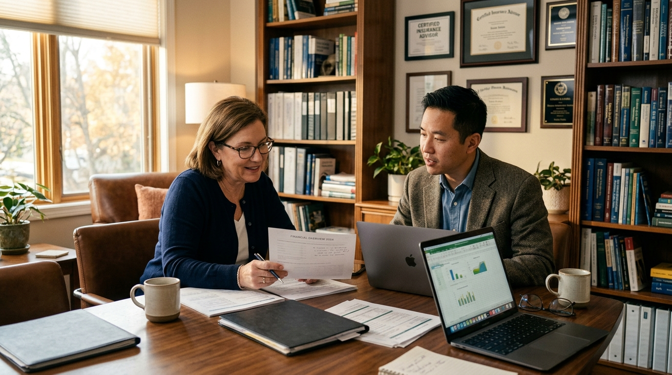 Business owner and advisor reviewing financial documents at a conference table
