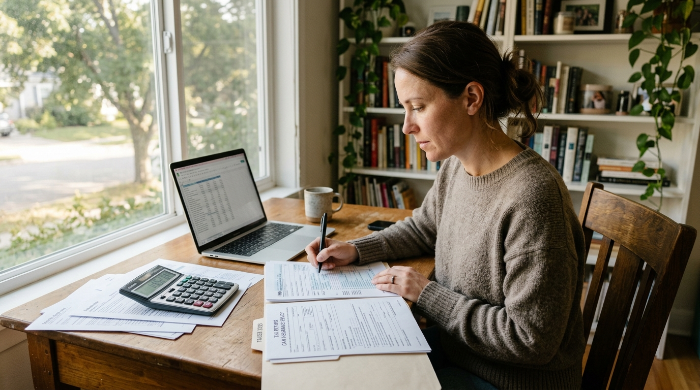 Person reviewing tax documents and car insurance paperwork at a home office desk with morning light