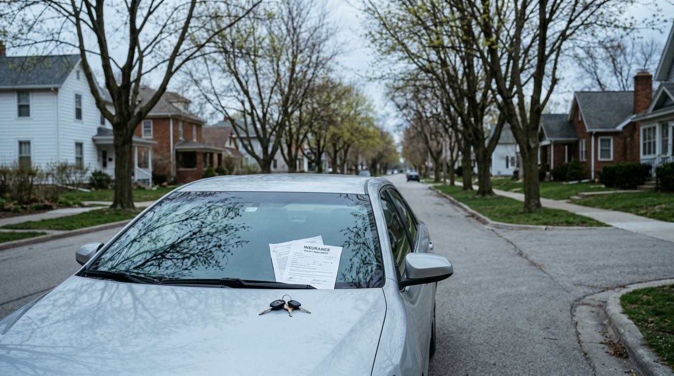 Silver sedan parked on a quiet tree-lined Midwest residential street in early spring