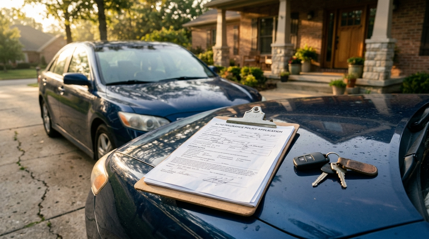 Clipboard with insurance paperwork and car keys resting on a sedan hood in a suburban driveway at sunrise