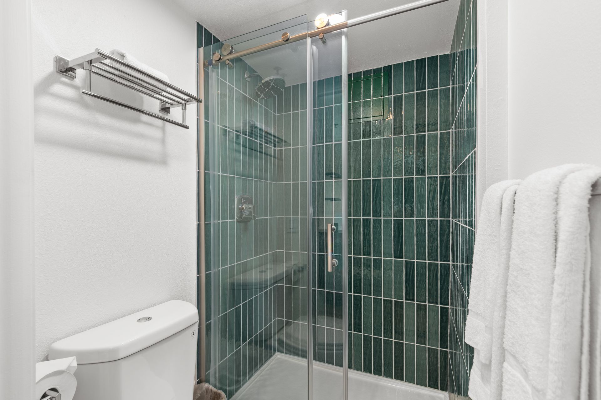 A bathroom with a toilet , shower , and bathtub.