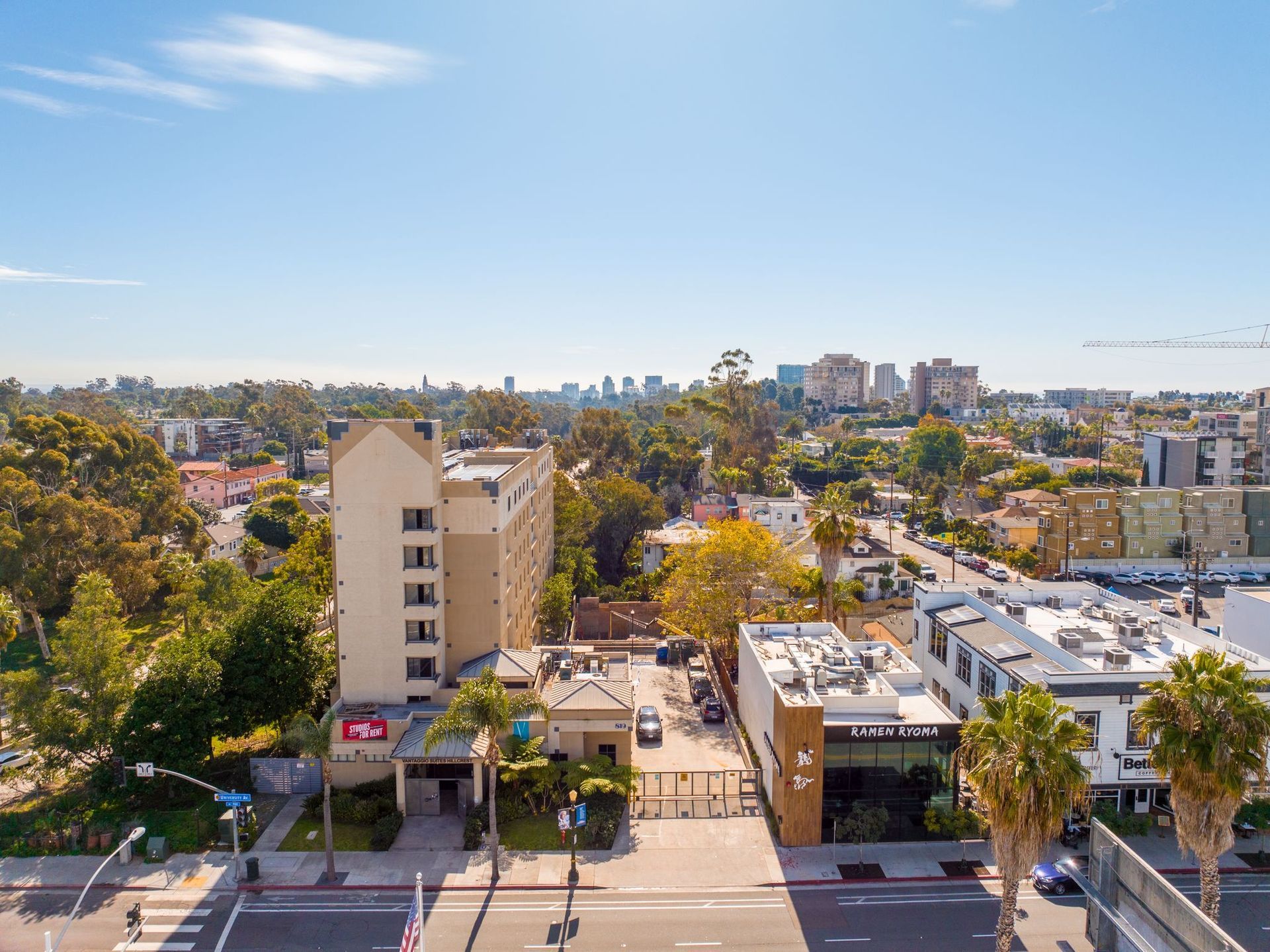 An aerial view of a city with a lot of buildings and trees