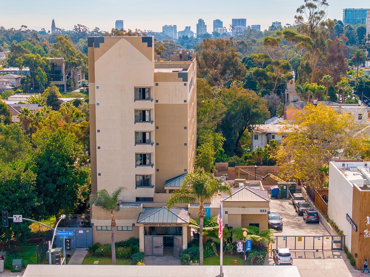 An aerial view of a large building in a city