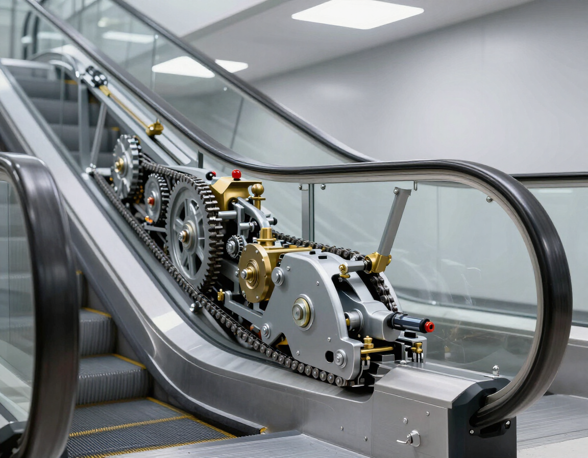 Dettaglio tecnico della struttura interna di una scala mobile con componenti di sicurezza visibili.