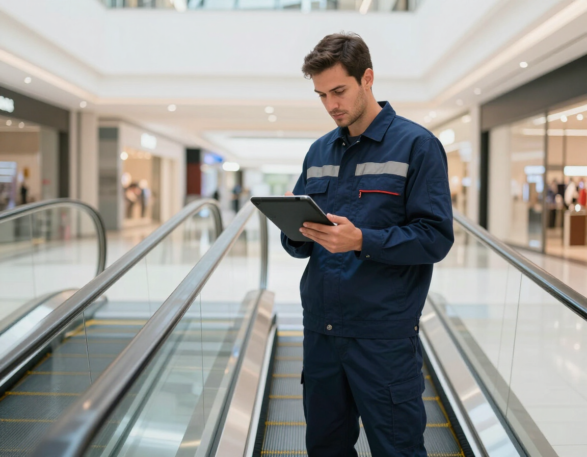 Tecnico specializzato che effettua controlli su una scala mobile in un centro commerciale moderno.