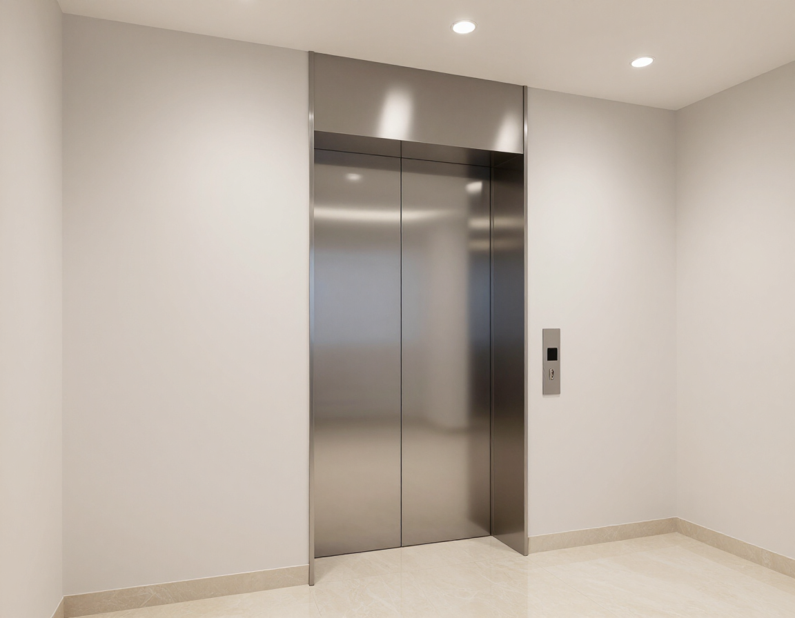 Piano ascensore condominiale rinnovato con porta moderna e finiture brillanti in un corridoio luminoso.