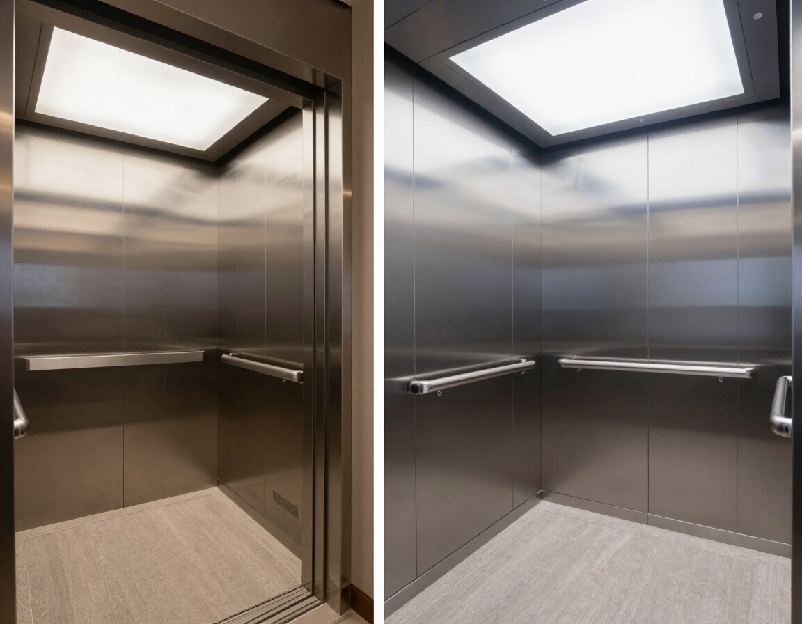 Cabina ascensore ammodernata con finiture metalliche moderne, illuminazione LED e dettagli curati per un condominio residenziale.