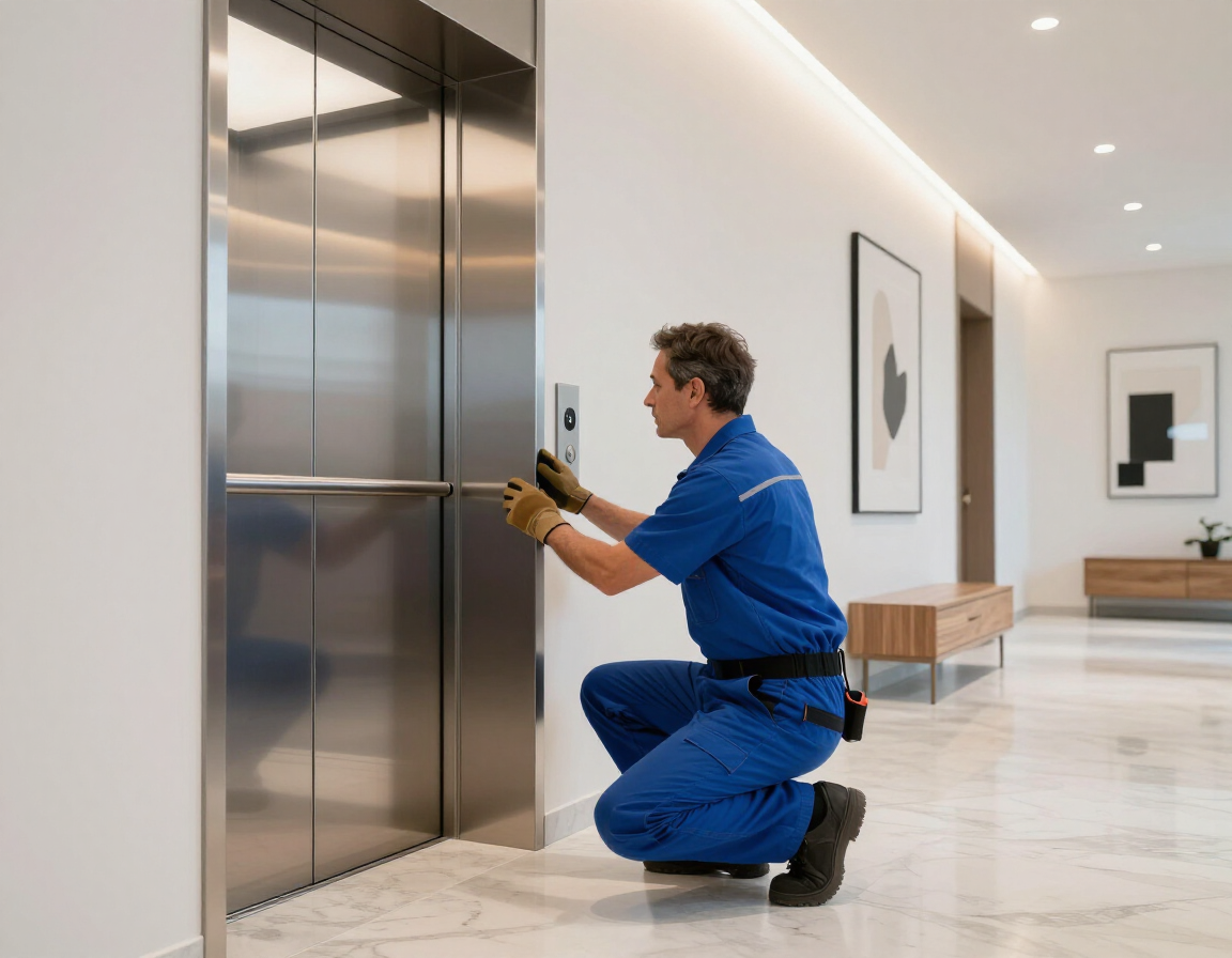 Tecnico durante un controllo in un vano ascensore condominiale.