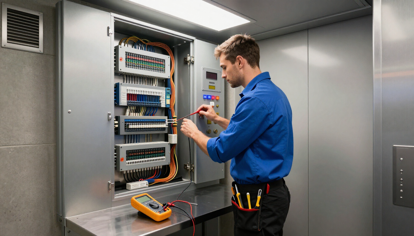 Tecnico specializzato durante un intervento di diagnosi su un impianto elevatore in condominio.