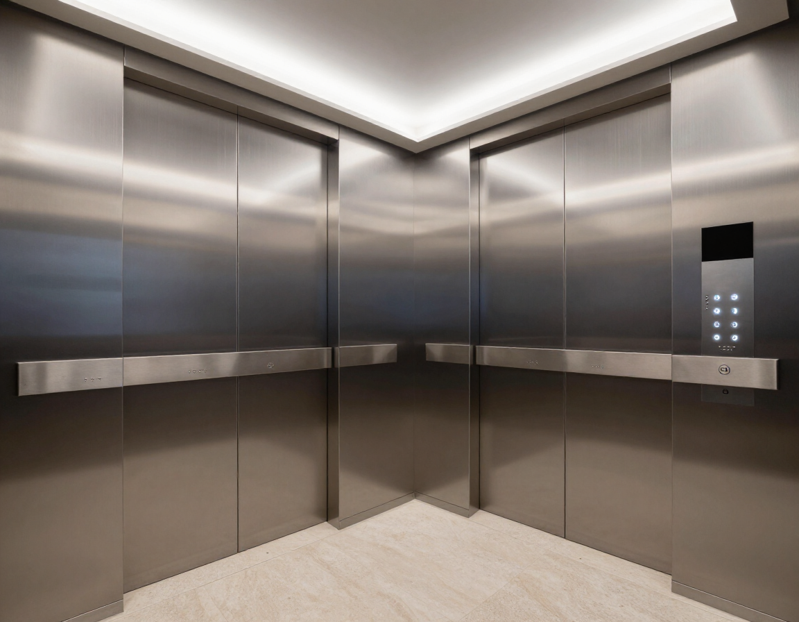 Interno di una cabina ascensore moderna con finiture metalliche, illuminazione soffusa e pulsantiera accessibile.