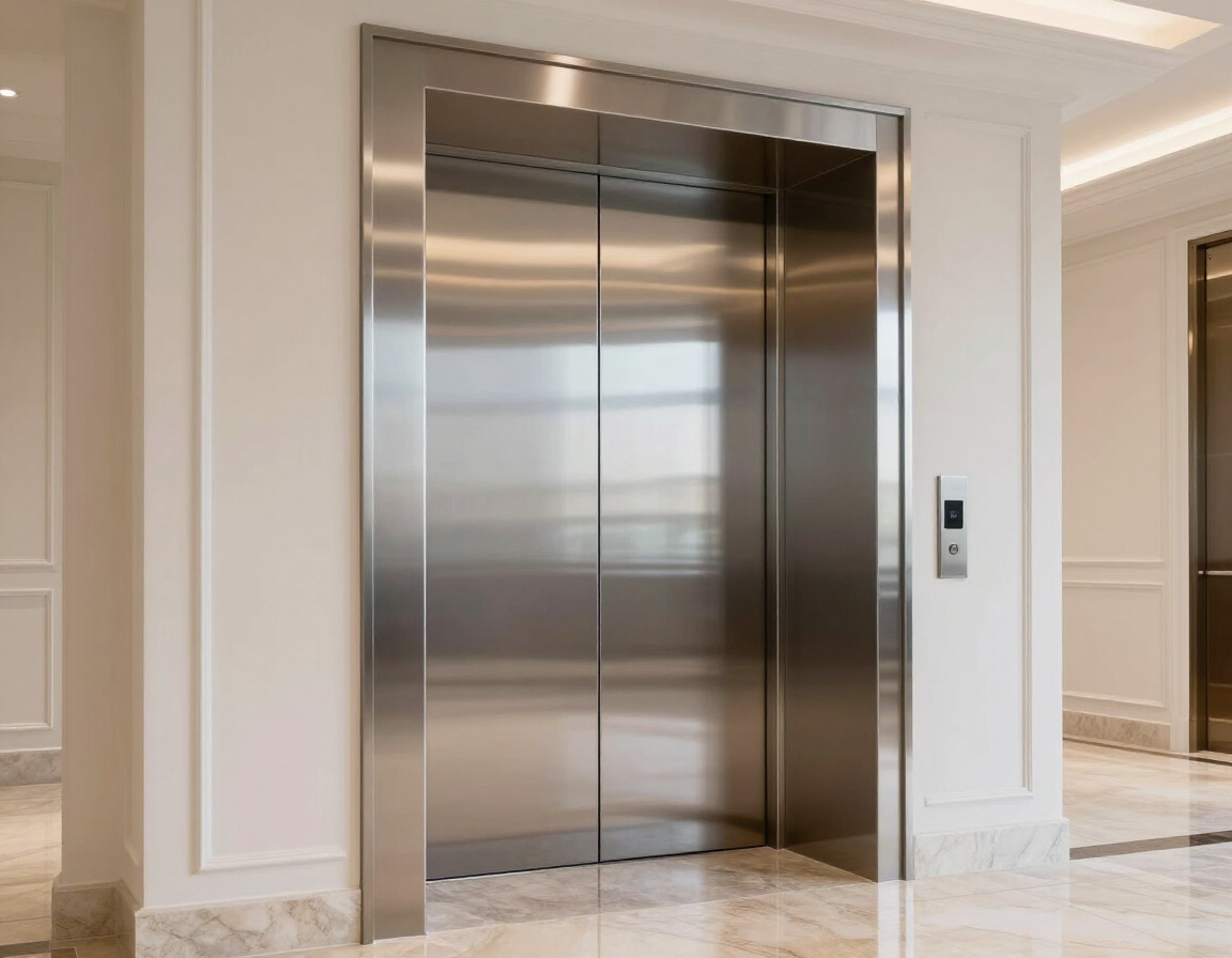 Porta ascensore moderna in acciaio satinato in un elegante ingresso condominiale.