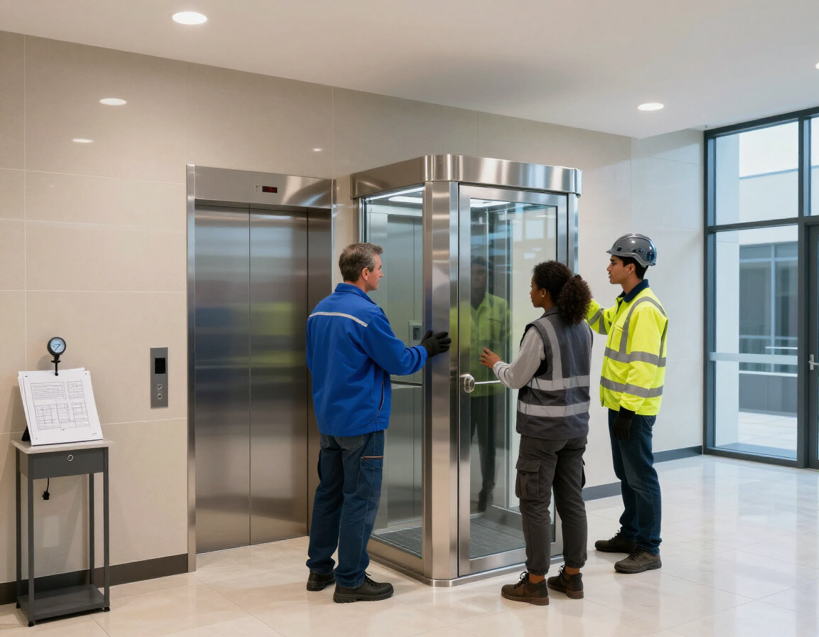 Squadra di tecnici al lavoro su un impianto elevatore moderno.