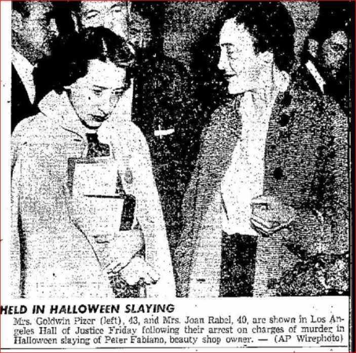 Mrs. Goldwin Pizer and Mrs. Joan Rabel in the Los Angeles Hall of Justice following their arrest on charges of murder in the 1957 Halloween slaying of Peter Fabiano