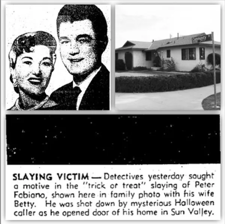 A news clipping detailing the October 31, 1957 murder of Peter Fabiano, pictured here with his wife Betty