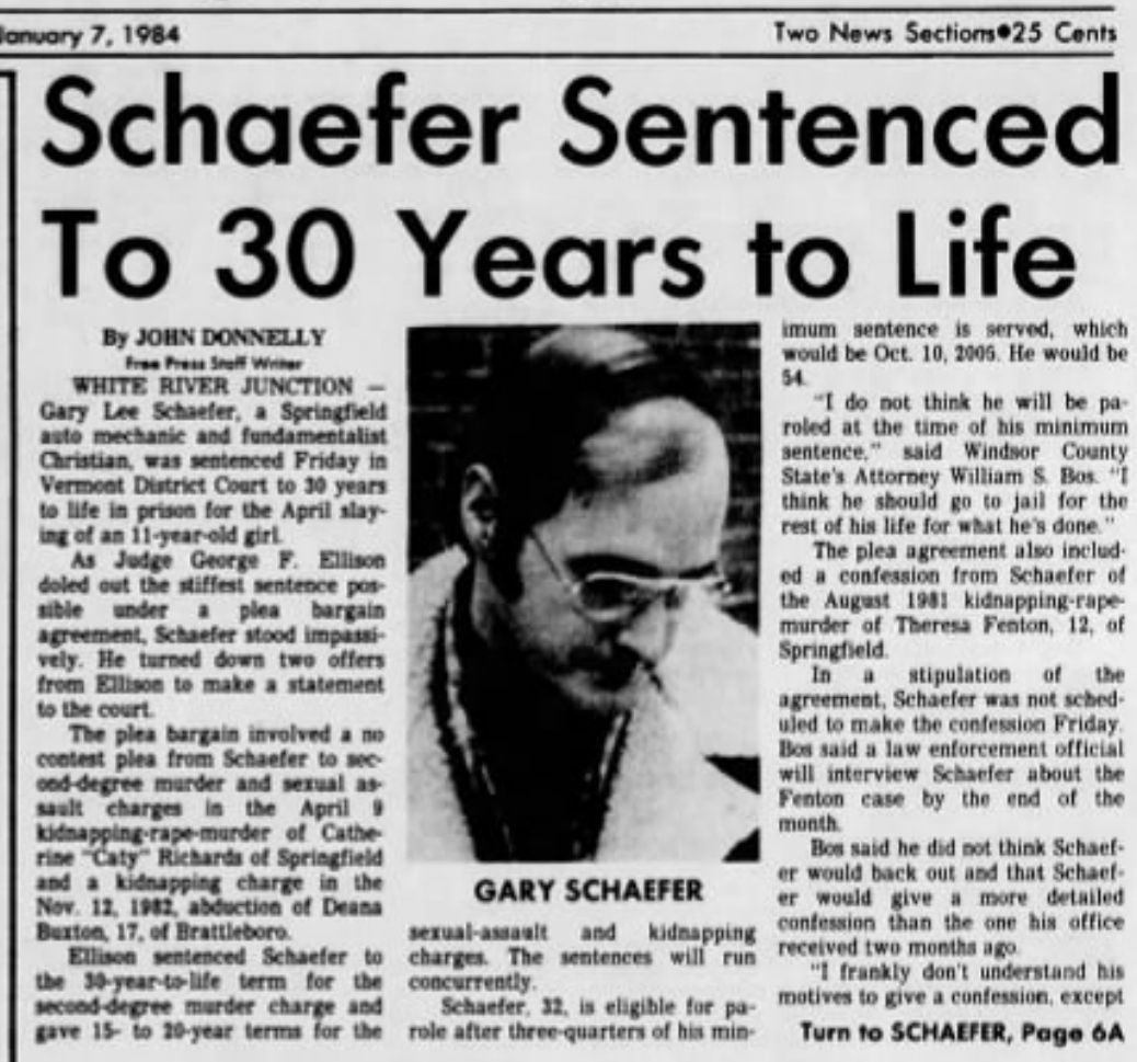 A news clipping featuring a photo of Gary Lee Schaefer that reads 