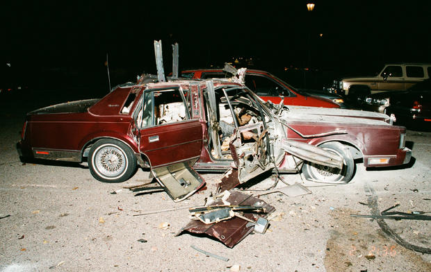 Gary Triano's Lincoln Continental after the pipe bomb explosion that took Gary's life