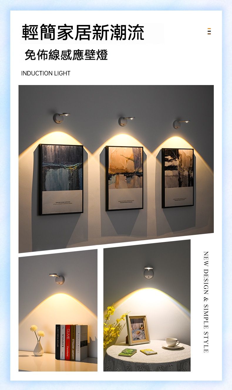 居家生活  新款智慧充電式LED人體感應遙控壁燈/投射燈