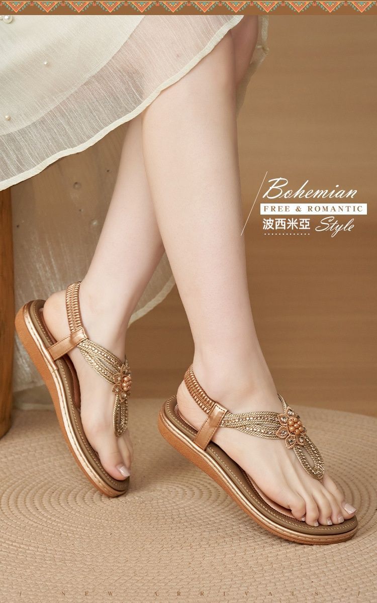 流行時尚 新款波西米亞水鑽花朵夾腳涼鞋