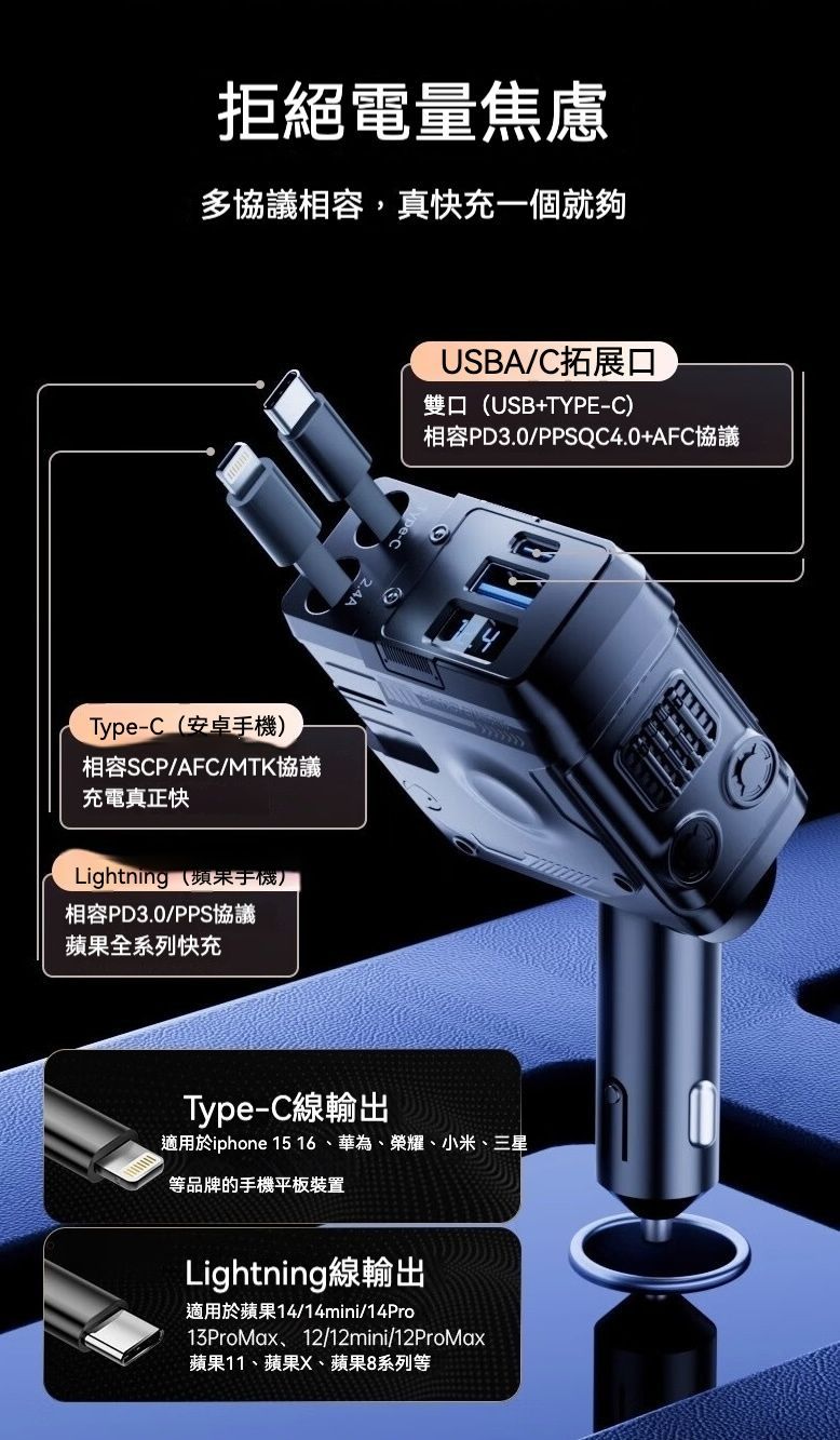 車內必備  機甲風自帶線車載120W快速充電器