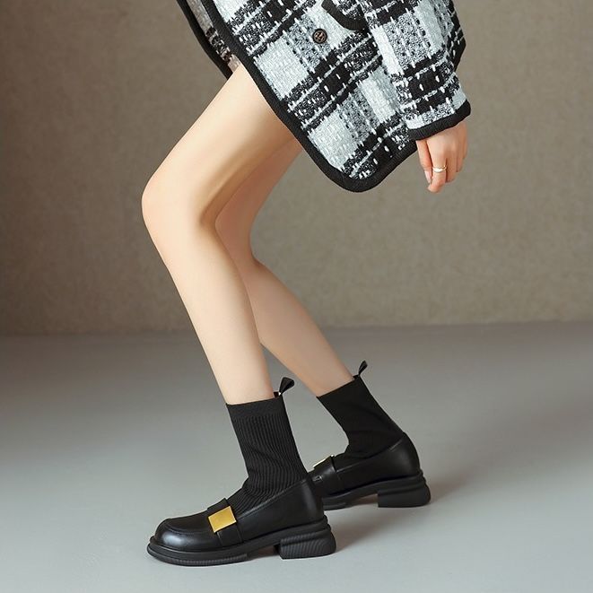 流行時尚 法式真皮厚底彈力襪靴/馬丁靴/瘦瘦靴/短靴