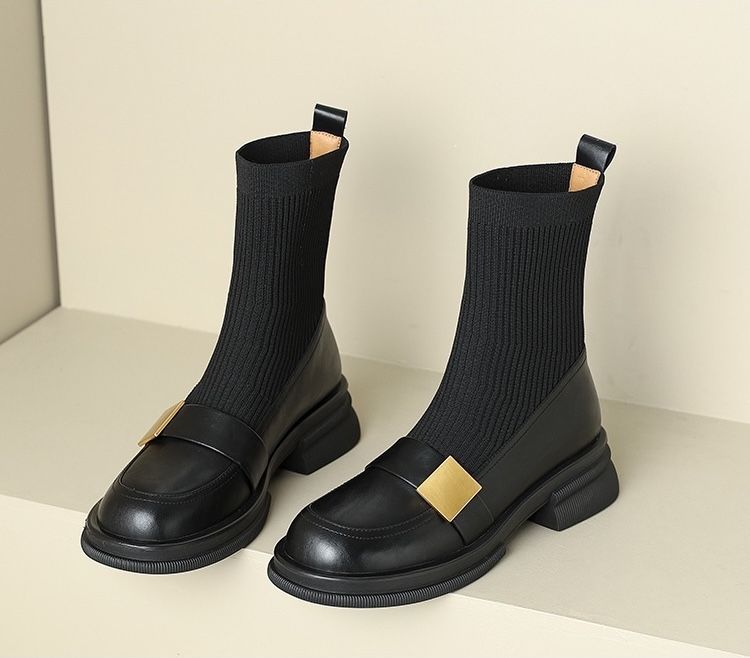 流行時尚 法式真皮厚底彈力襪靴/馬丁靴/瘦瘦靴/短靴