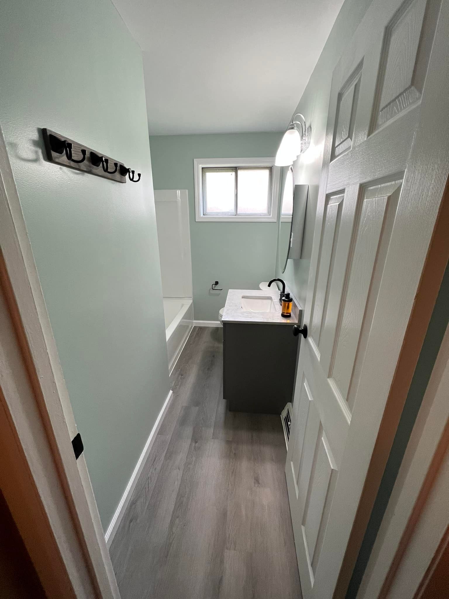 Narrow bathroom with light green walls, gray vanity, and wood-look flooring.