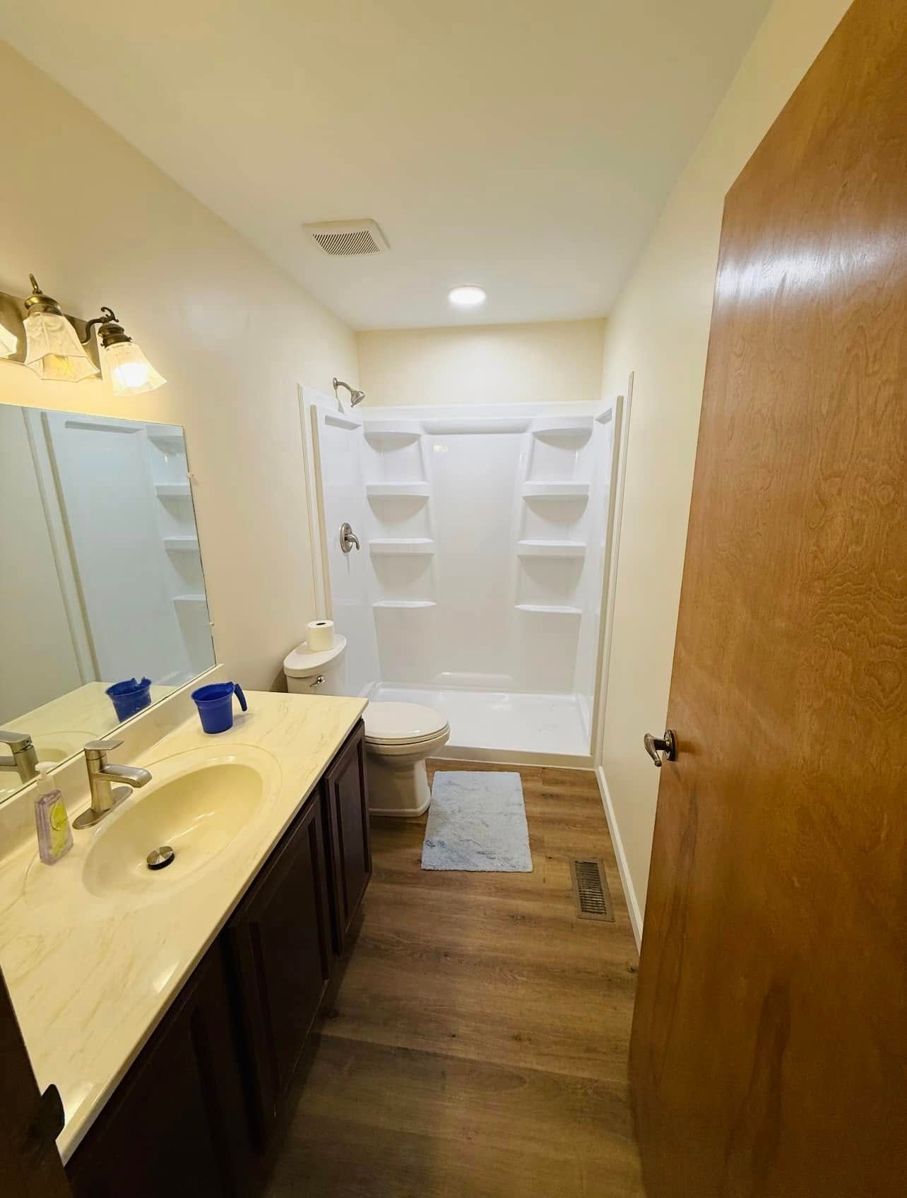 Bathroom interior with a shower, toilet, vanity, and wooden floor.