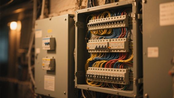 Electrical control panel with exposed wiring and circuit breakers in a dim industrial setting