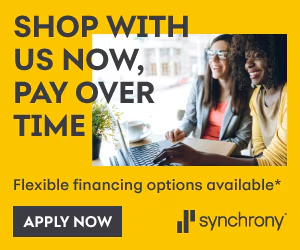Shop now, pay over time; yellow promotional banner with flexible financing and apply now button