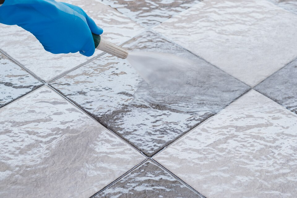 A person is cleaning a tile floor with a spray bottle.