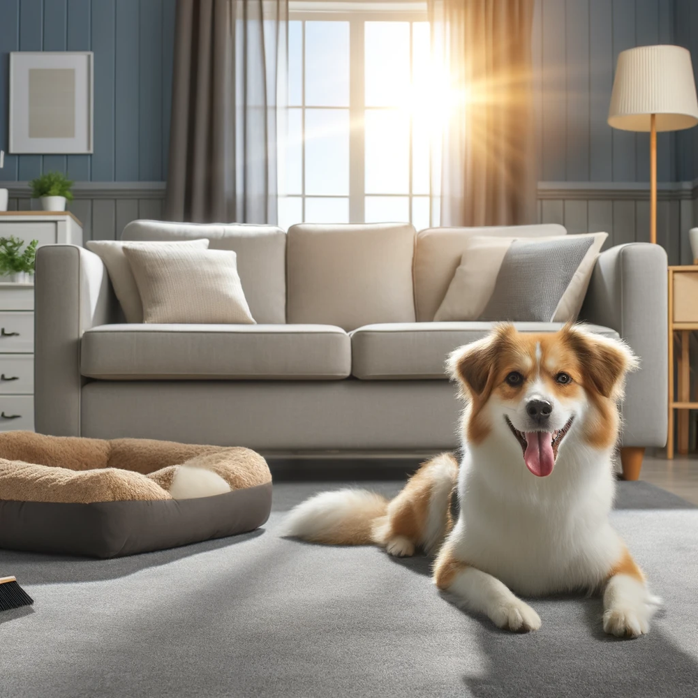 A brown and white dog is laying on the floor in front of a couch